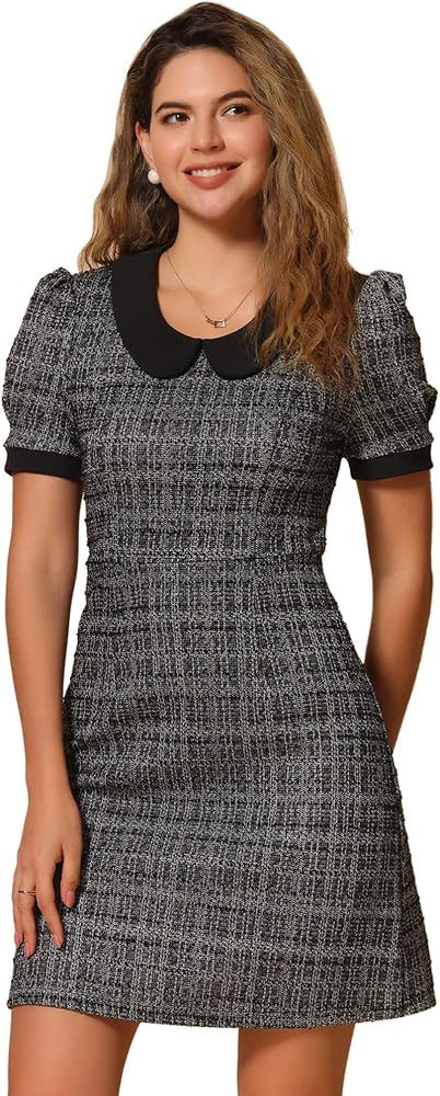 Allegra K Peter Pan Collar Dresses for Women's Plaid Puff Short Sleeve Mini Tweed Dress | Amazon (US)