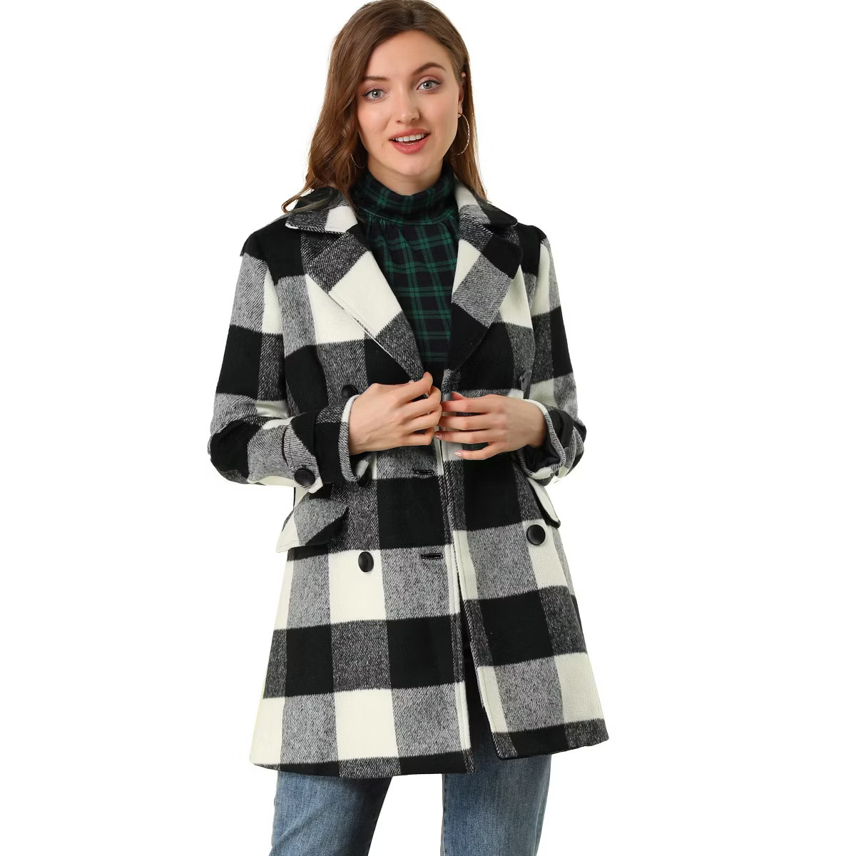 Allegra K Women's Notched Lapel Double Breasted Winter Plaids Coat | Target