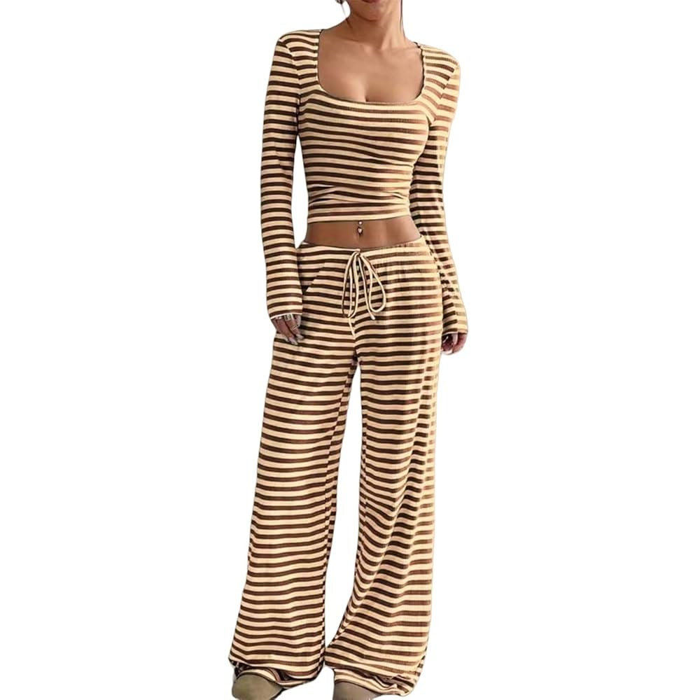 Womens Striped 2 Piece Sets Square Neck Top Cropped Tunic Wide Leg Pants Casual Lounge Sweatsuits... | Amazon (US)