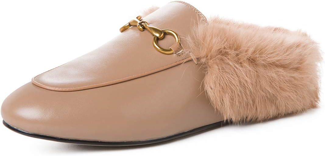 Fur Mules for Women Leather Low Heel Loafers Pointed Toe Rabbit Furny Mule Flats Backless Slides | Amazon (US)