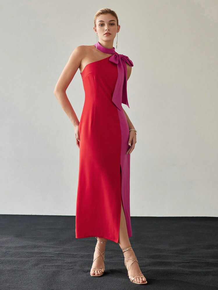 MOTF PREMIUM VESTIDO DE DOS TONOS SIN CINTURÓN CON CUELLO HALTER ASIMÉTRICO Y LAZO GRANDE COMO DETALLE | SHEIN
