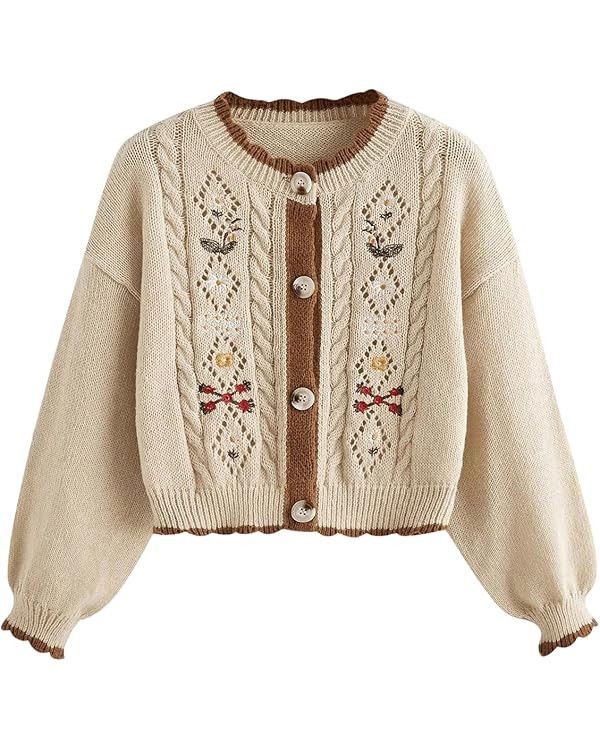 SHENHE Women's Button Down Floral Embroidered Cable Knit Crewneck Cropped Sweater Cardigan | Amazon (US)