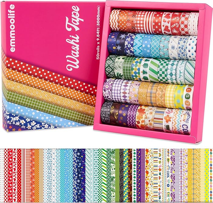 emmoolife 50 Rolls Washi Tape Set, 15mm Wide Rainbow Colored Tape Aesthetic Design Masking Decora... | Amazon (US)