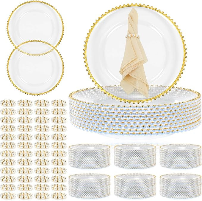 Tioncy 50 Set Clear Charger Plates Bulk Includes 50 Clear Beaded Charger Plates 13" and 50 Napkin... | Amazon (US)