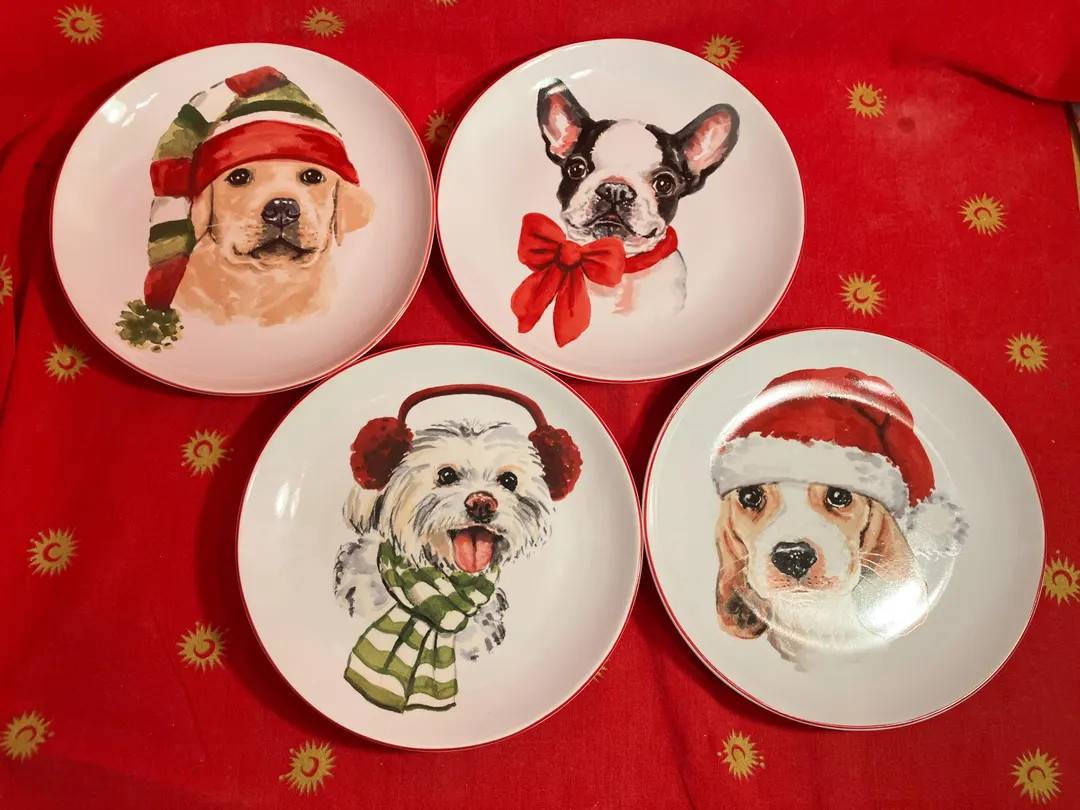 Pier1 Set of 4 Christmas Puppy Santa Salad / Desert Plates Excellent Condition With the Original ... | Etsy (US)