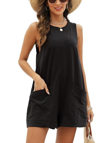IMCTAH Womens Casual Rompers Overalls Shorts Summer Sleeveless jumpsuits for women casual shorts with Pocket (Black-Medium-New) | Amazon (US)