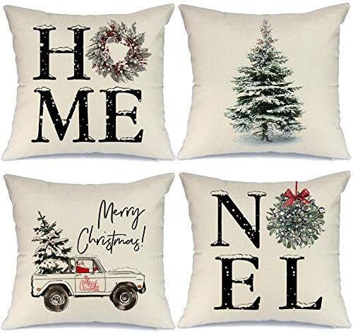 AENEY Christmas Decorations Pillow Covers 18x18 Set of 4, Home Noel Truck Christmas Tree Rustic W... | Amazon (US)