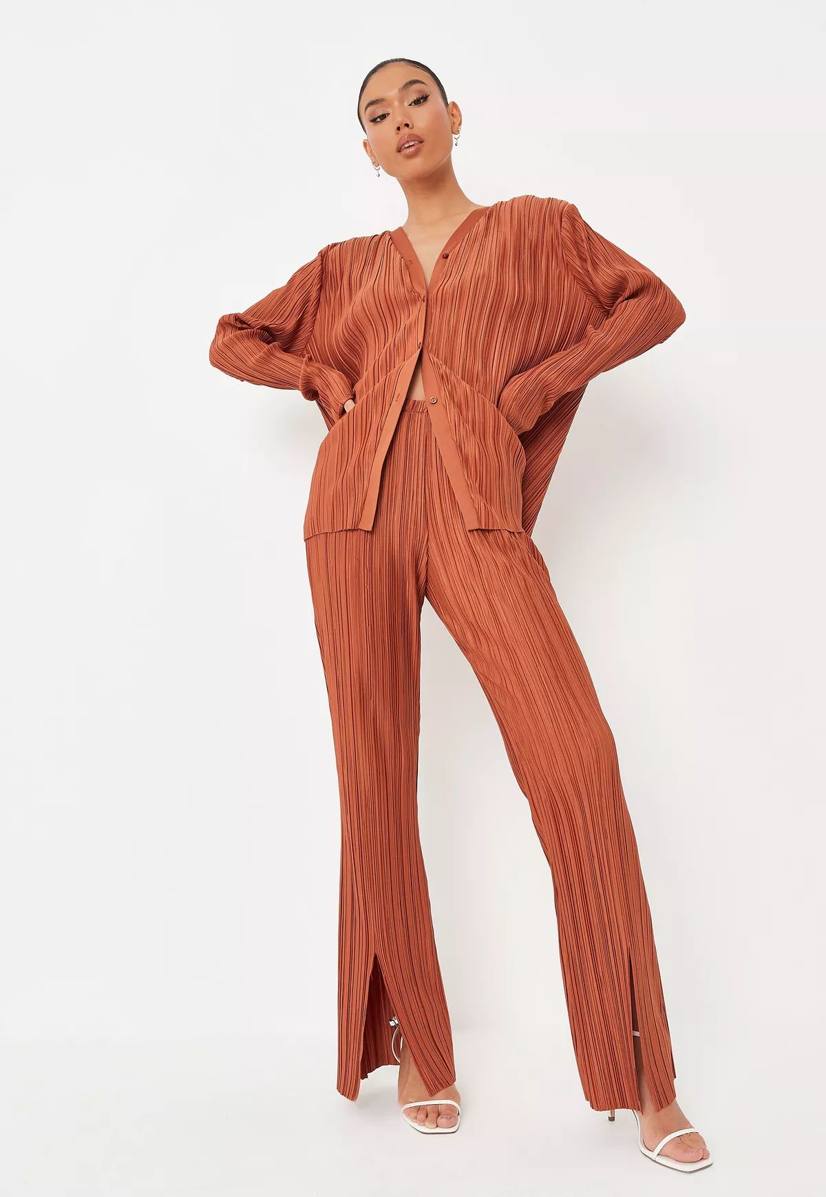 Brown Co Ord Plisse Split Front Flared Pants | Missguided (US & CA)
