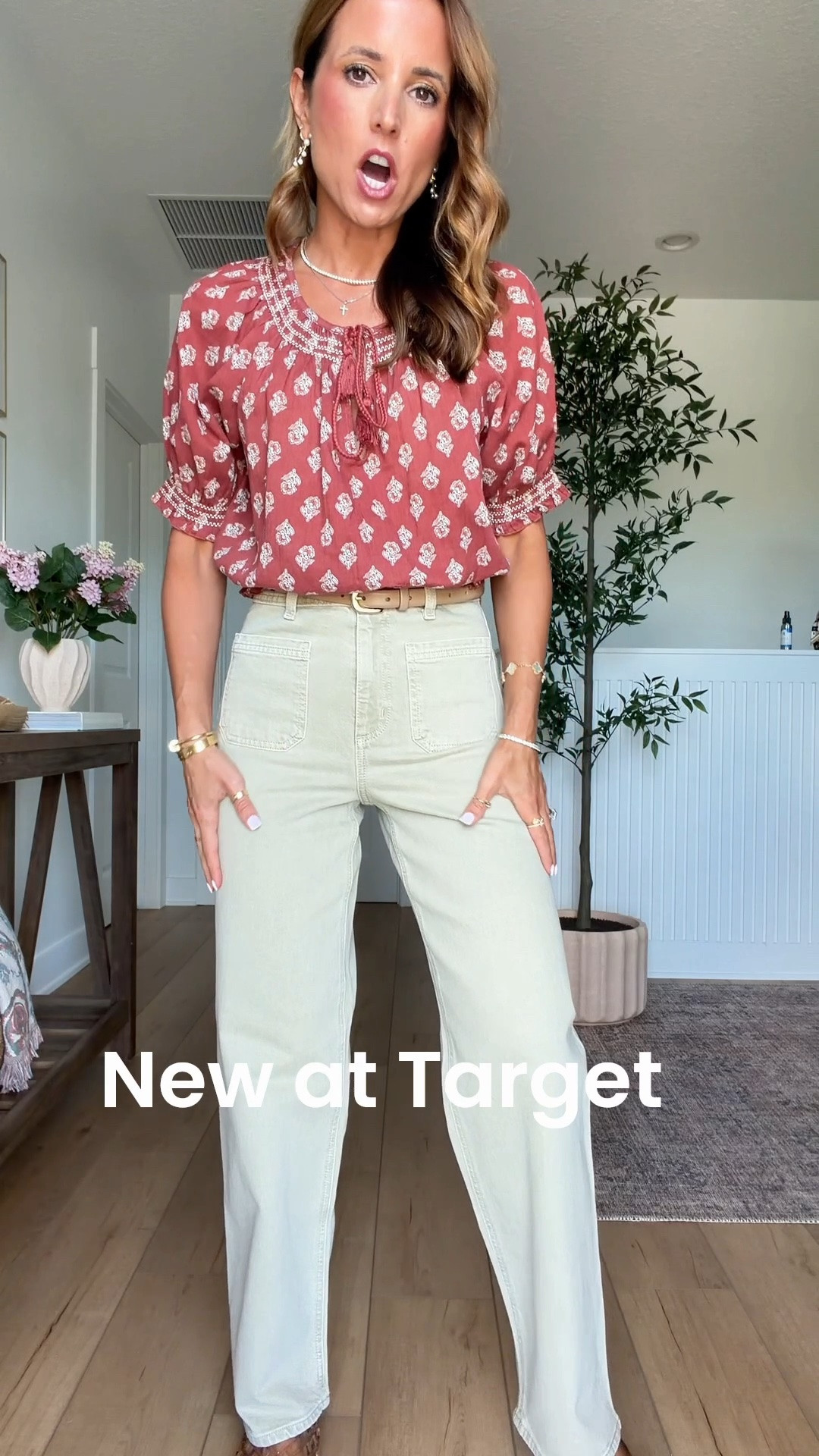 New Target arrivals for summer and early fall! I love these new Sage green jeans!! Wearing 00 in jeans and XS in top. Jelly ballet flats our whole size is only, size down if you are a half size. Tory Burch Romy bucket bag. Summer outfit. Teacher outfit. Business casual outfit. Fall outfit. Elevated casual outfit.

#LTKootd #LTKgrwm #LTKPetite