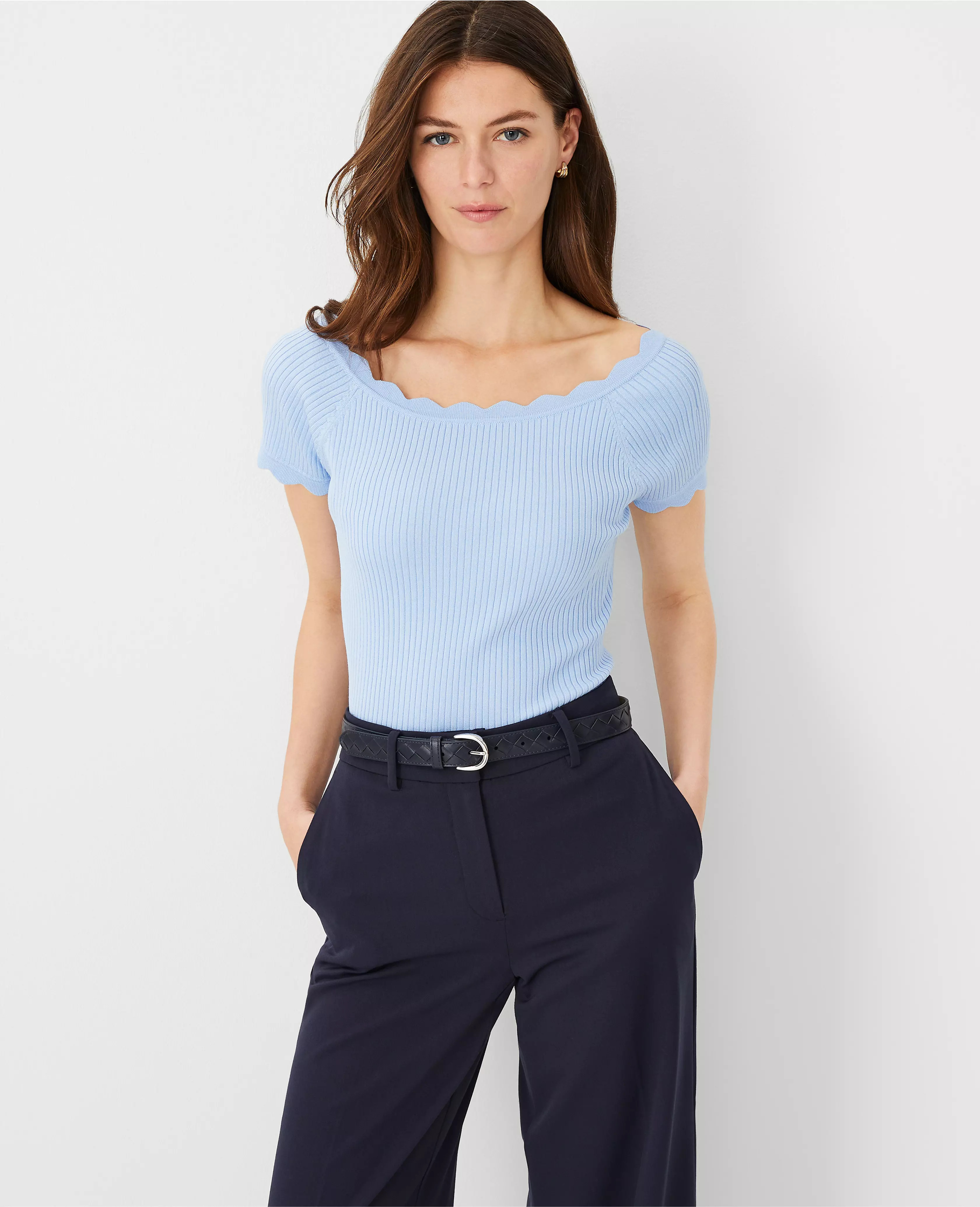 Petite Scalloped Open Neck Top | Ann Taylor (US)