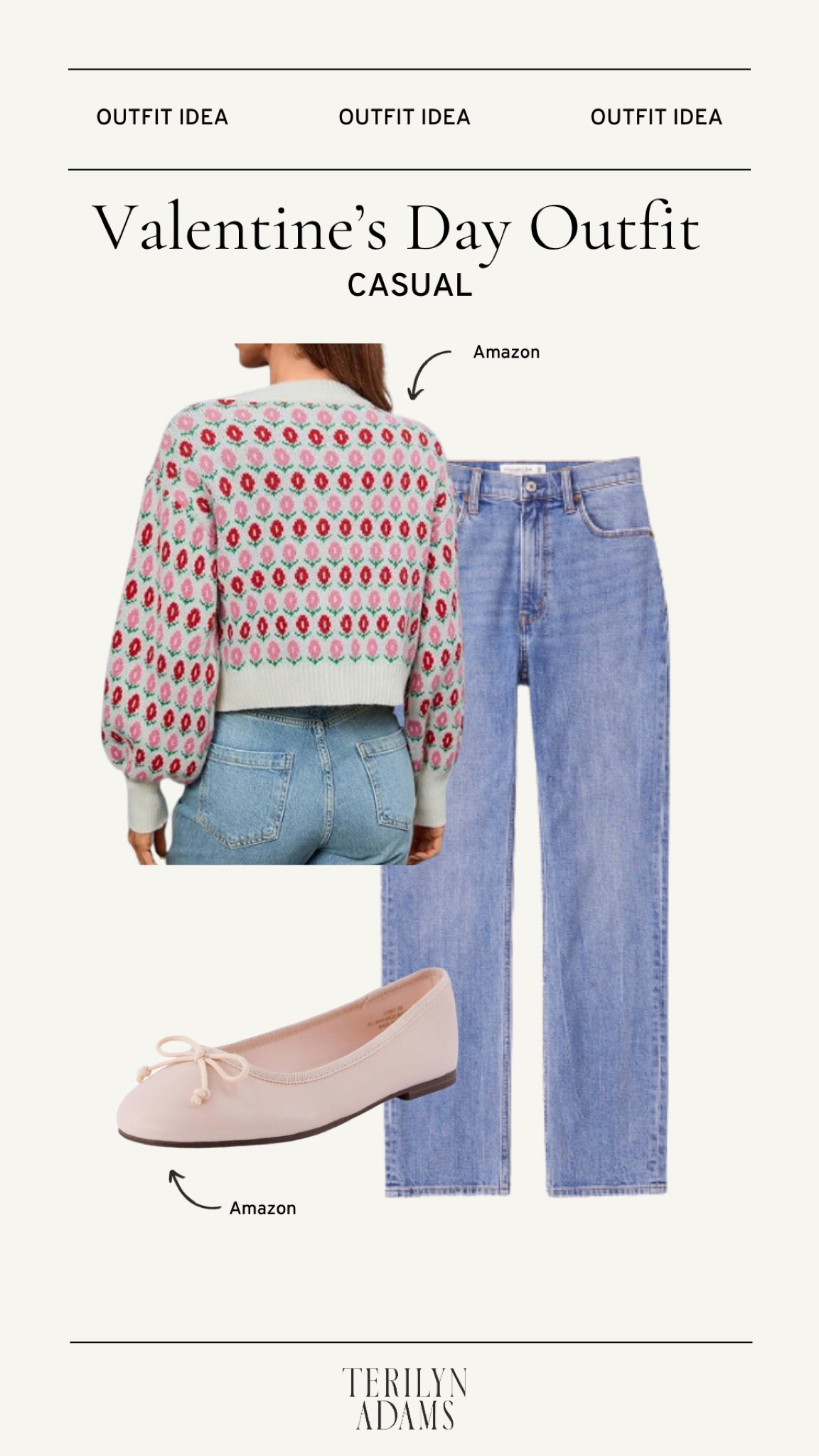 Valentine’s Day Outfit idea - this Amazon cardigan in pink and red, Abercrombie jeans (TTS, i wear the short length), and dainty ballet flats (these are from Amazon with great reviews).

#LTKfindsunder100 #LTKshoecrush #LTKSeasonal