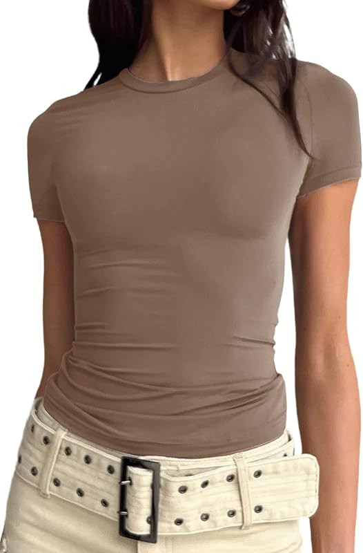 ABKY Y2K Clothing for Women Summer Sexy Fashion Bodycon Fitted Skim Shirt Dupes Short Sleeve Basi... | Amazon (US)