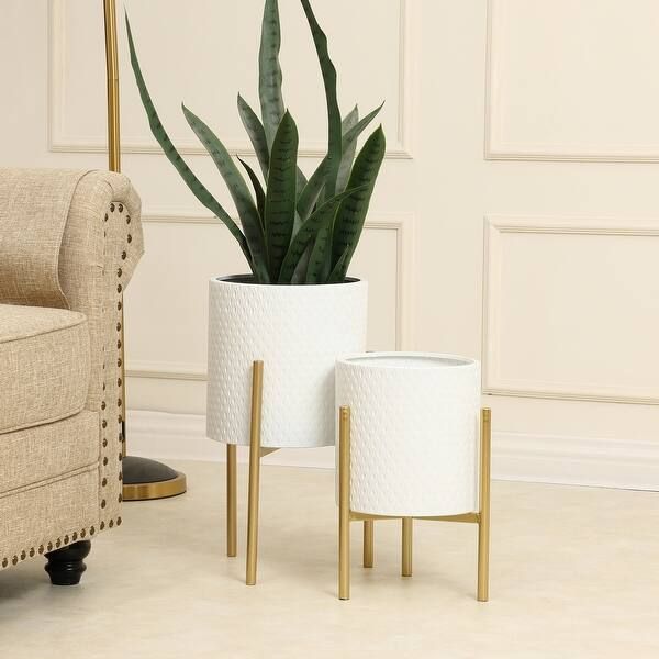 White Metal Round Cachepot Planters and Gold Stand (Set of 2) | Bed Bath & Beyond