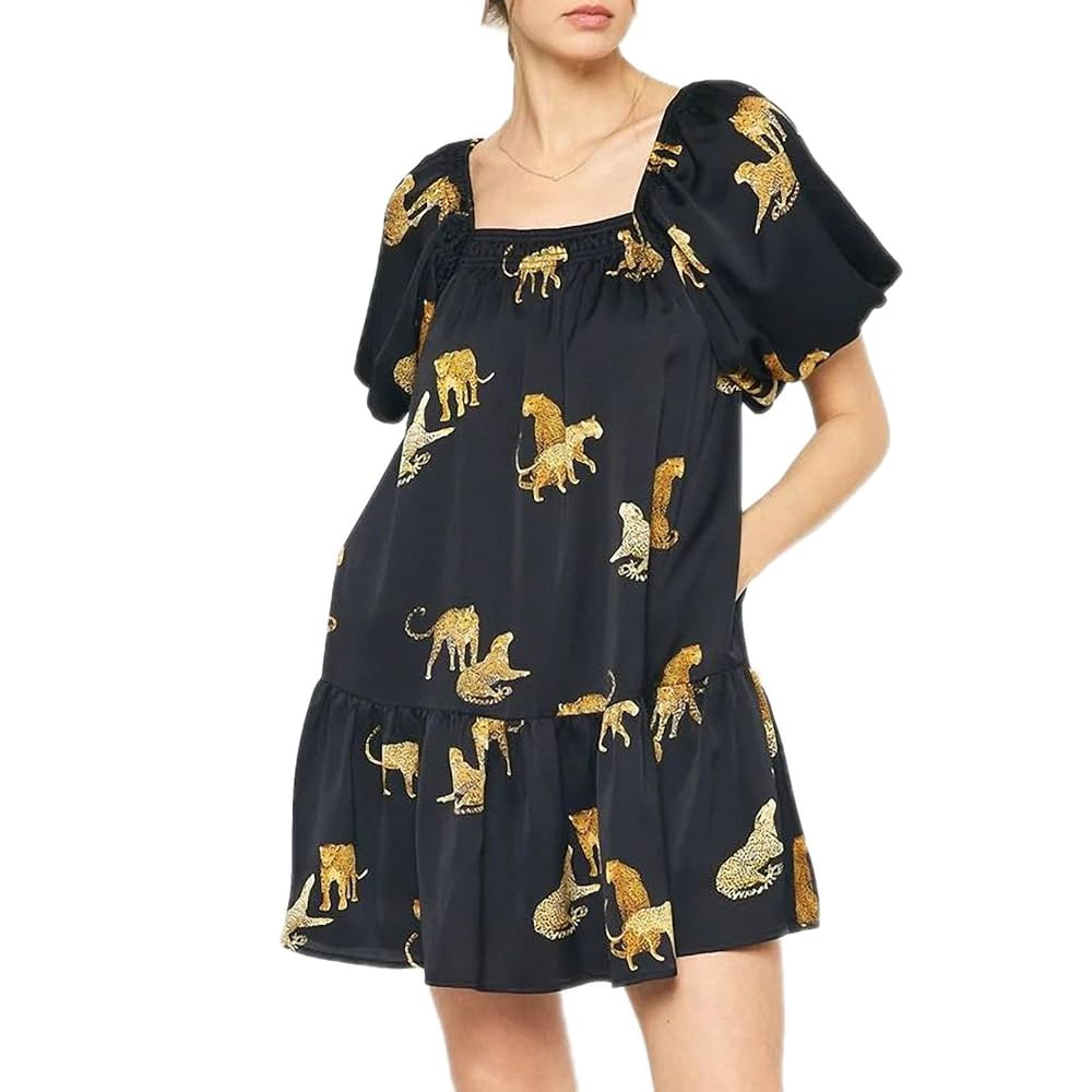 Beach Short Dresses Elegant Square Neck Pattern Printed A-Line Dress Spring Summer Puff Sleeve Ru... | Amazon (US)