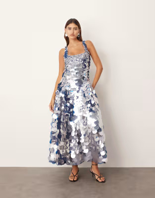 ARRANGE embellished paillette sequin square neck full skirt midi dress in blue | ASOS | ASOS (Global)