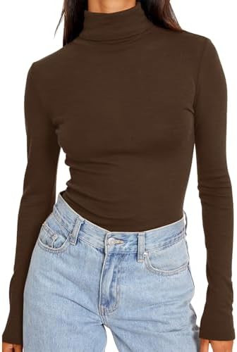 Trendy Queen Women's Turtleneck Long Sleeve Shirts Fall Fashion Basic Thermal Underwear Tops Wint... | Amazon (US)