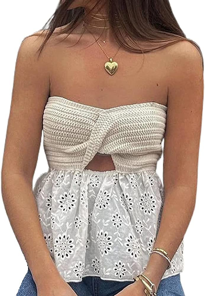 Womens Strapless Sexy Knit Tube Crop Top with Twist Knot Front White Top Cute Going Out Tops | Amazon (US)