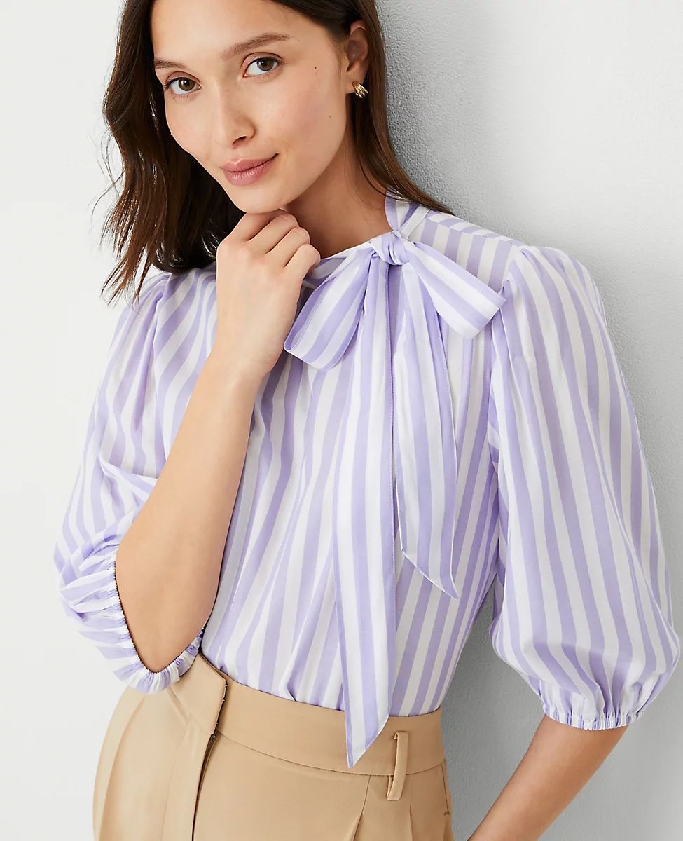 Striped Bow Puff Sleeve Blouse | Ann Taylor (US)