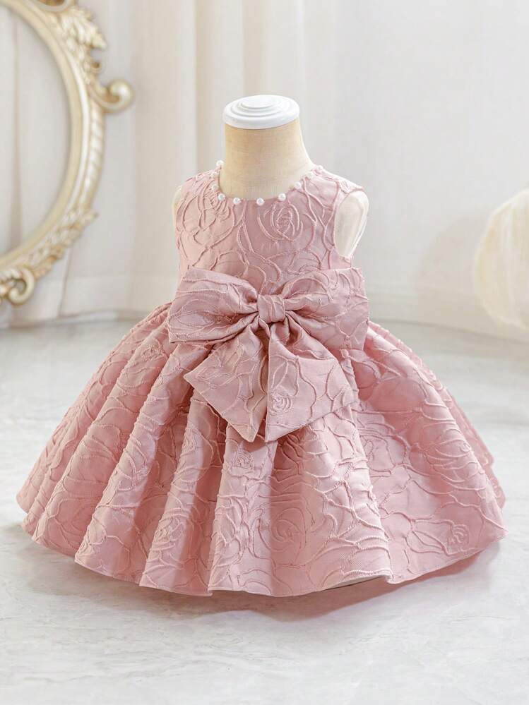 SHEIN Glamorique Kids Baby Girl Jacquard Dress With Rose Flower & Bow, Sleeveless Baby Girl Party... | SHEIN