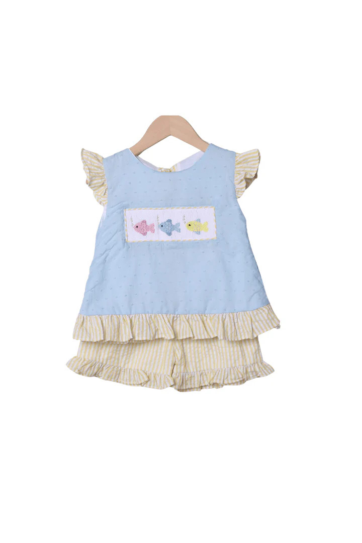Smocked Fish Blue/Yellow Seersucker Short Set | The Smocked Flamingo