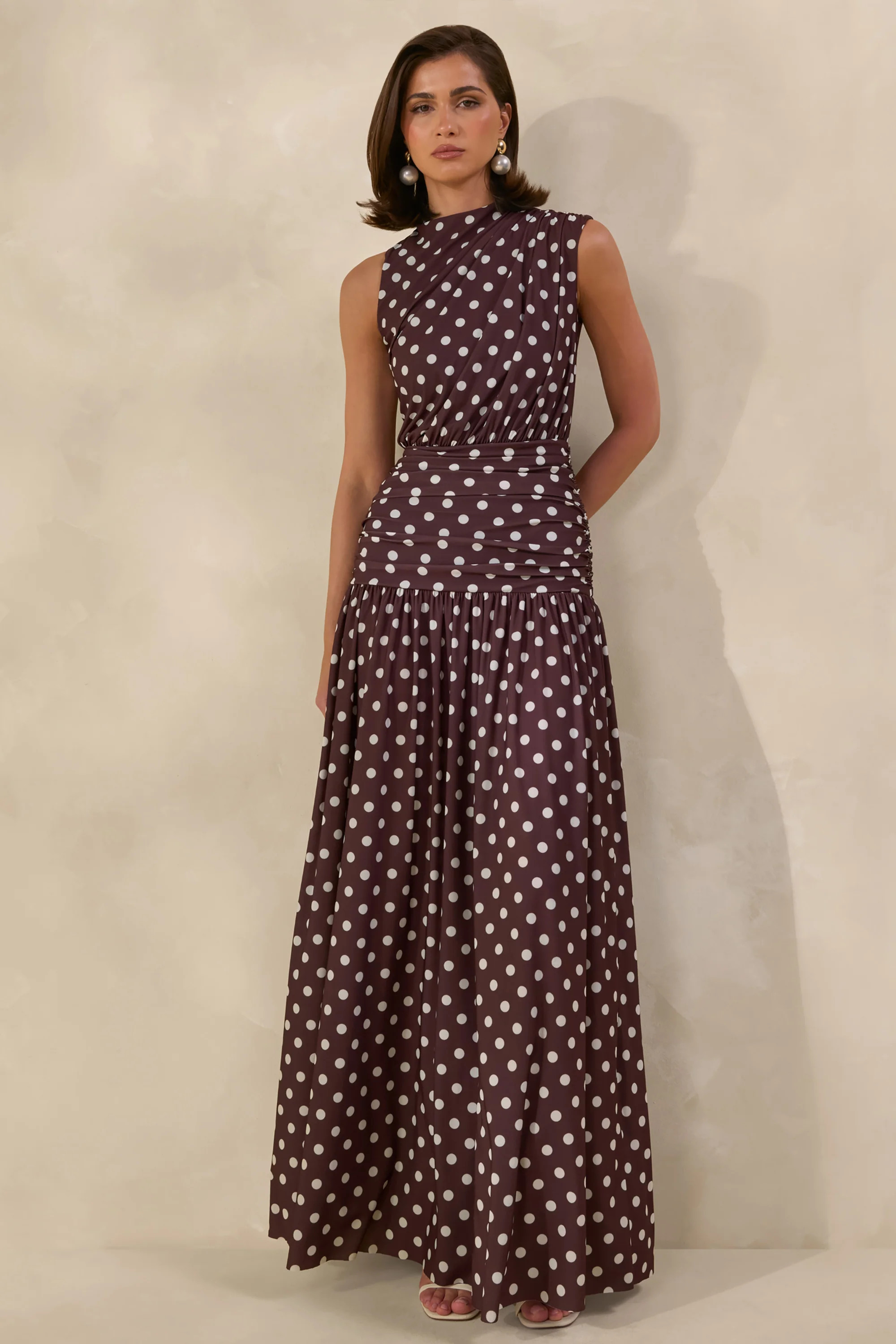 Kelis | Brown Polka-Dot High-Neck Maxi Dress With Draped Detailing | Club L London