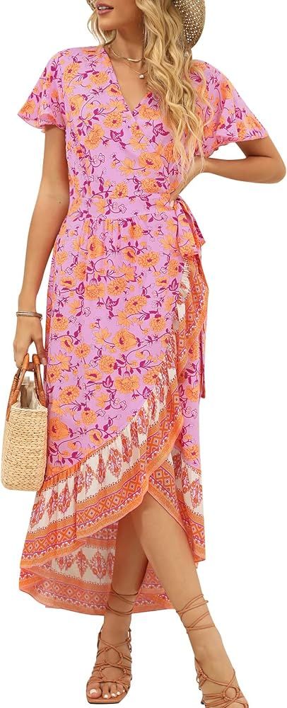 ZESICA Women's Summer Bohemian Floral Printed Wrap V Neck Beach Party Flowy Ruffle Midi Dress | Amazon (US)