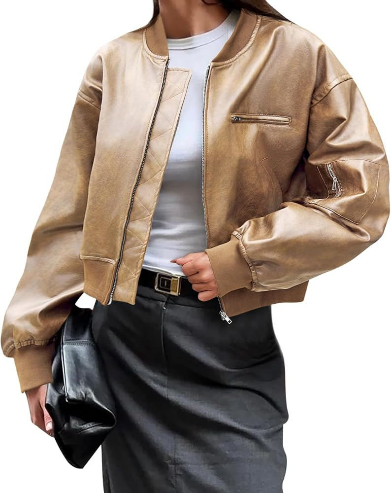 Cicy Bell Womens Faux Leather Bomber Jackets Baseball Collar Zip Up Cropped Biker Coat with Pocke... | Amazon (US)