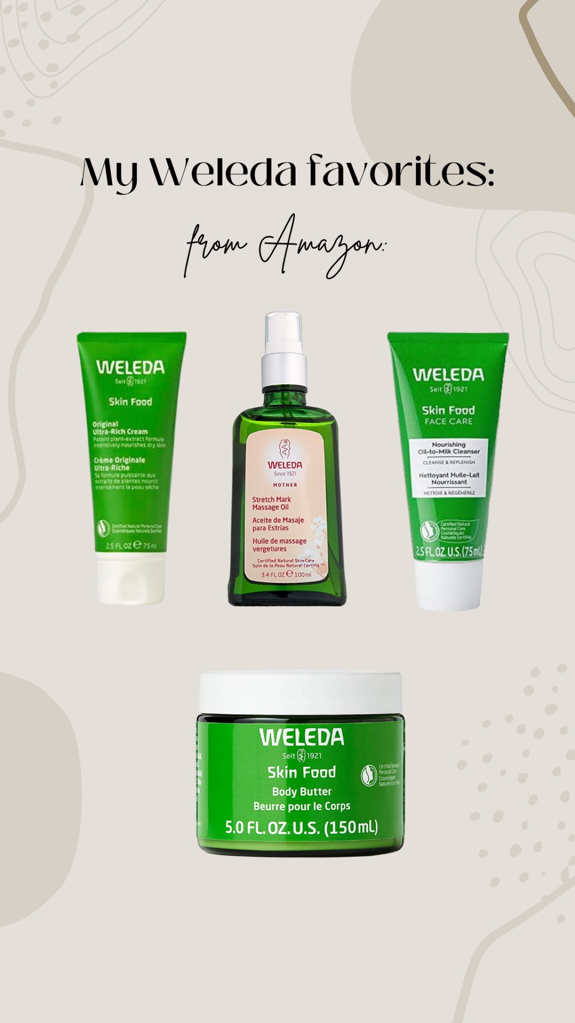 Weleda products from Amazon that I’ve been using lately and are my new holy grail 🙌🏼



Skincare, maternity, mom skin care, stretch marks, Weleda skin food, skin care routine 

#LTKFind #LTKbeauty #LTKU