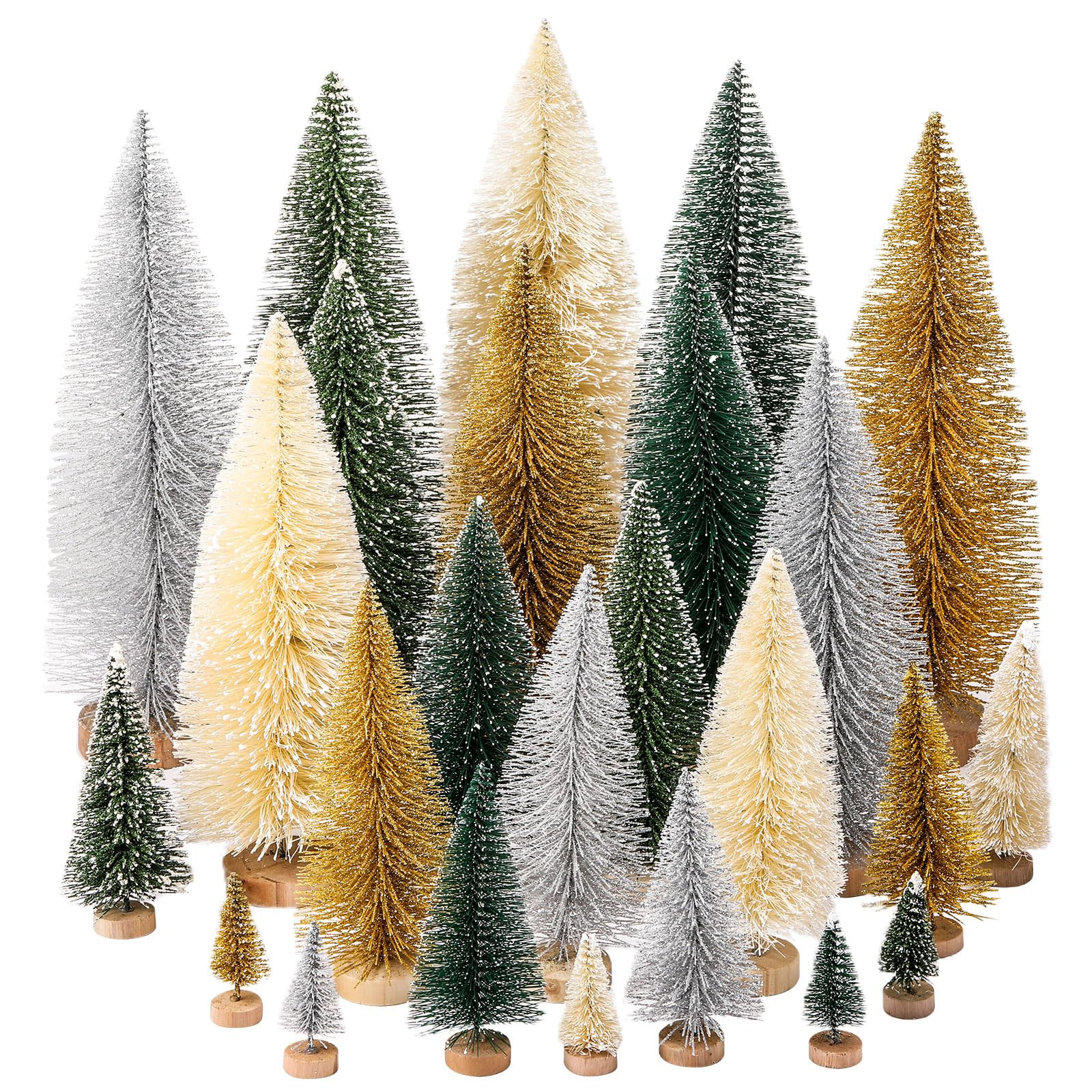 Geetery 25 Pcs Christmas Trees Set,Artificial Pine Sisal Bottle Brush Trees with Wood Base for Christmas Party Table Village Craft Decorations (Multi Color) | Amazon (US)