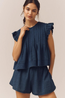 Pilcro Jade Ruffle-Sleeve Pleated Denim Swing Top | Anthropologie (US)