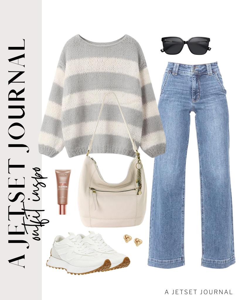 A gray-and-white striped sweater pairs well with Astylish wide-leg jeans. For footwear, consider Steve Madden Campo sneakers. This bag is ideal for carrying your essentials. 

 #LTKSeasonal #LTKSaleAlert #LTKTravel