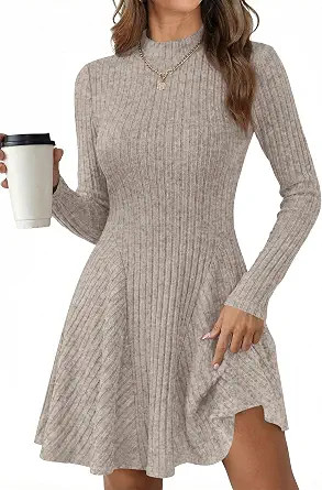 KIRUNDO Womens Sweater Dress Mock Neck Long Sleeve Ribbed Knit Fall Dresses | Lightweight Soft St... | Amazon (US)