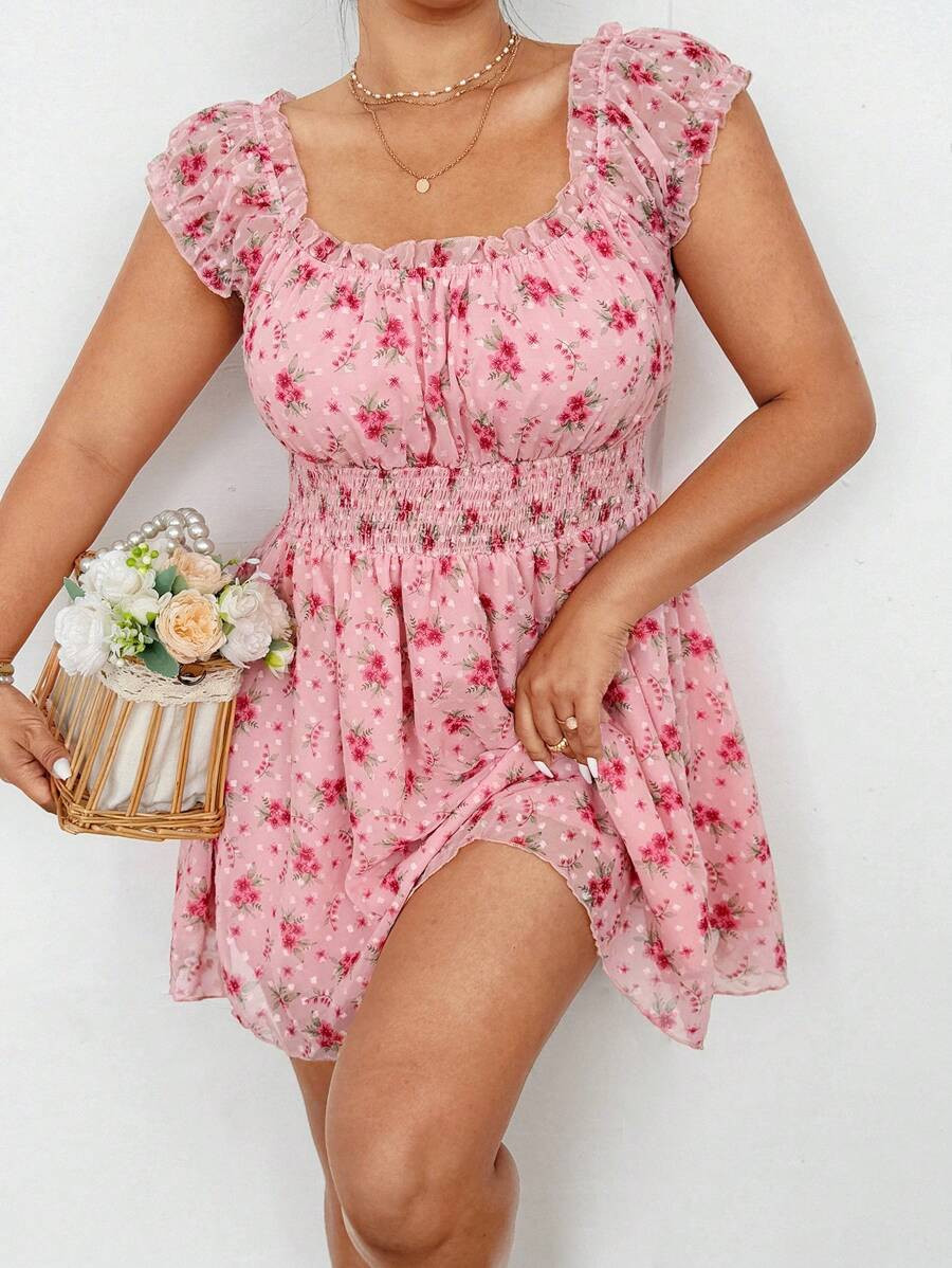 Rustia Romantic Vacation V-Neck Ditsy Floral Puff Sleeve Ruffled Mini Dress | SHEIN