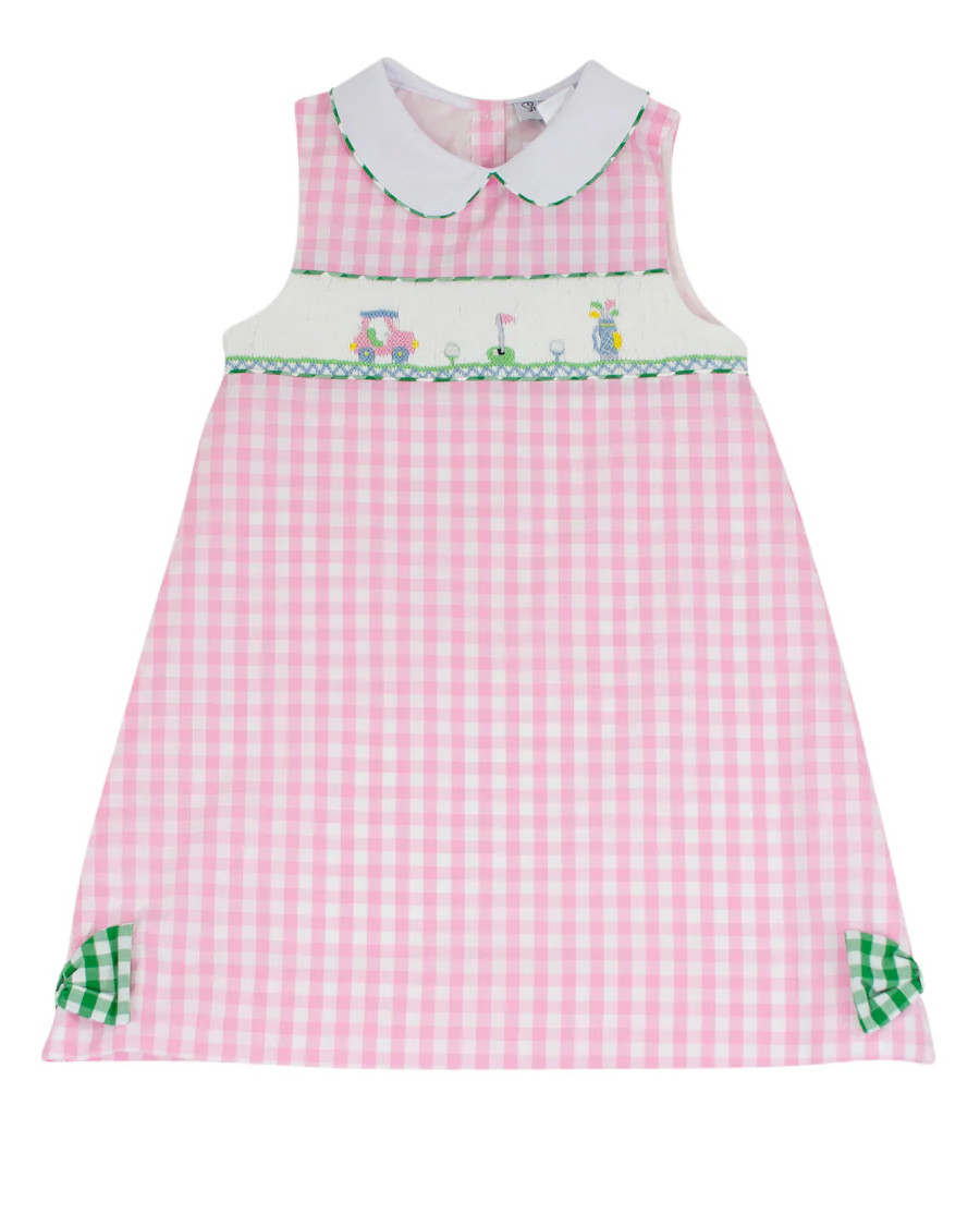 Golf Smocked Pink Checked Dress with Bow Detail | Smockingbird Kids