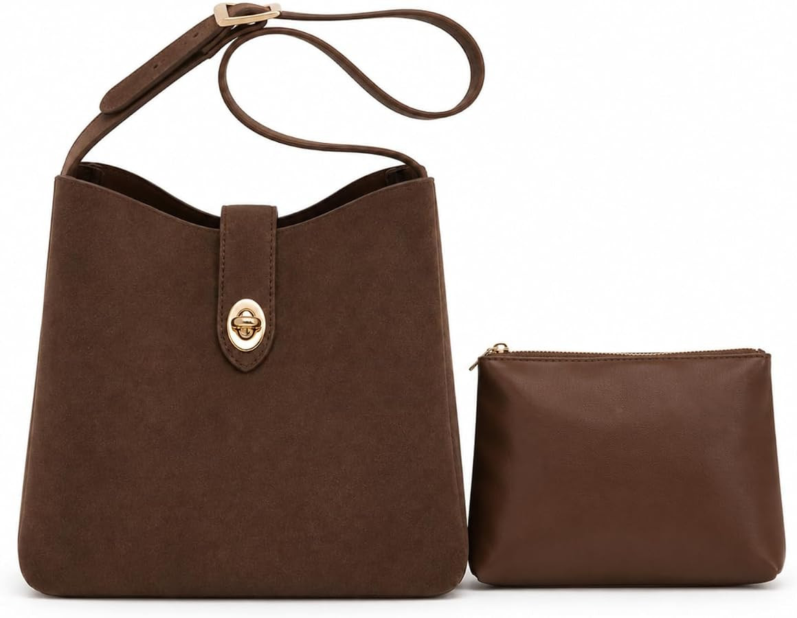 Brown Purse 2Pcs Set Suede Hobo Bucket Handbag with Wallet Pouch Buckle Slouchy Shoulder Bag Smal... | Amazon (US)