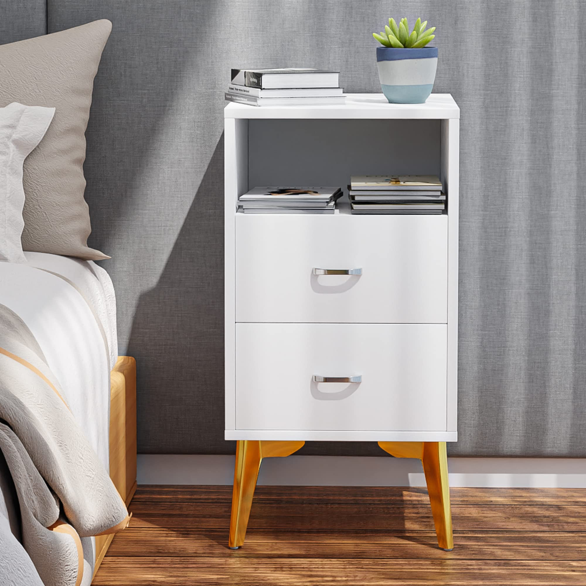 White Nightstand with 2 Sliding Drawer, Bedside Table with Metal Legs，Assembly Free End Table with Open Storage Shelf for Bedroom,White 11.8"*14.58"*22.83" | Amazon (US)