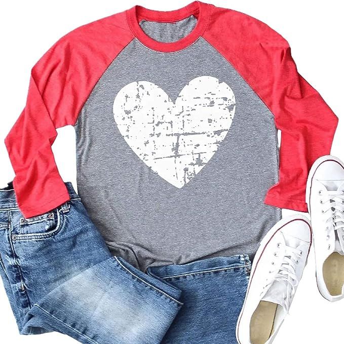 Beopjesk Womens Love Heart Raglans T-Shirts Casual Long Sleeve Valentine's Day Graphic Tees Tops | Amazon (US)