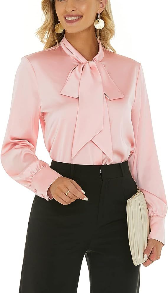 Escalier Women's Silk Blouse Long Sleeve Bow Tie Neck Button Down Shirts Casual Office Work Blous... | Amazon (US)