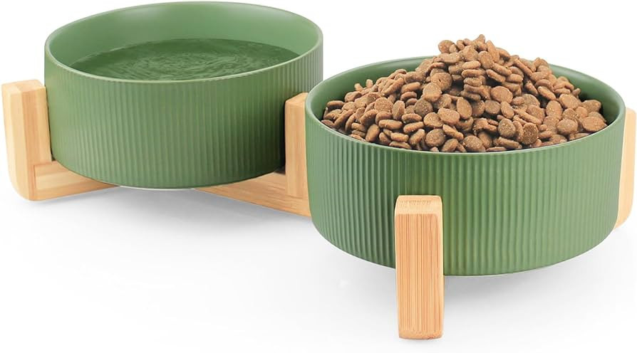 Ptlom Ceramic Pet Bowls for Dog and Cat, No Spill Dog Food and Water Bowl Set with Anti-Slip Wood... | Amazon (US)