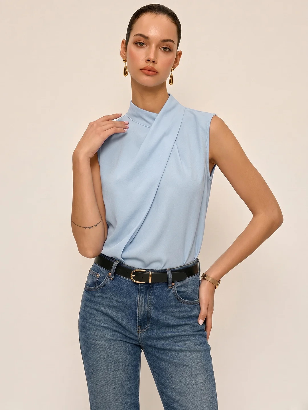 Sleeveless Striped High Neck Blouse | Commense