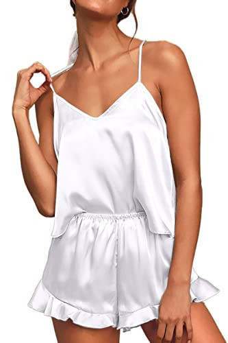 CHYRII Women's Sexy Ruffled Pajamas for Women Cami Tops Shorts Two Piece Silk PJS Sleepwear White L | Amazon (US)