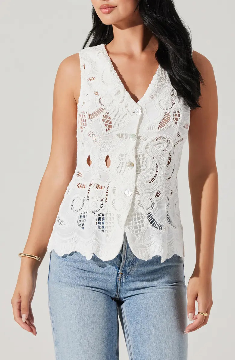 ASTR the Label Meira Lace Inset Cotton Button-Up Vest | Nordstrom | Nordstrom