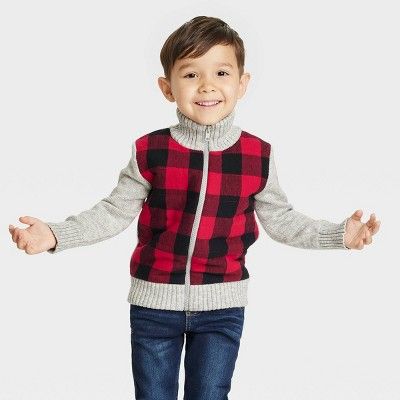 Toddler Boys' Buffalo Check Knit Zip-Up Sweater - Cat & Jack™ Red | Target