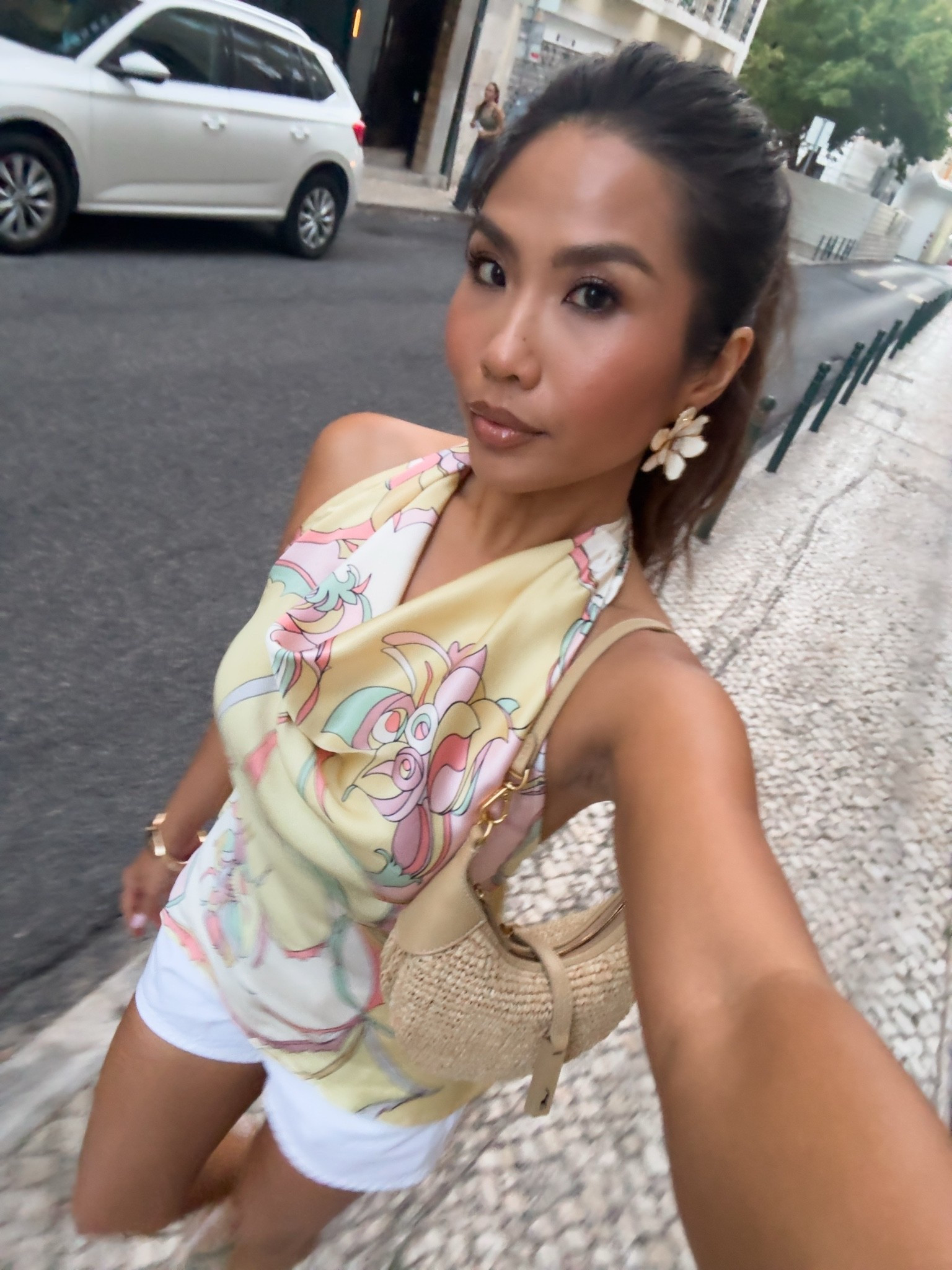 Dinner outfit 💛 love the print on this top!! And the earrings are so pretty and come in so many colors 

Sizing:
Top - tts, xs petite 
Shorts - tts, 25
Wedges - tts

#LTKPetite #LTKootd