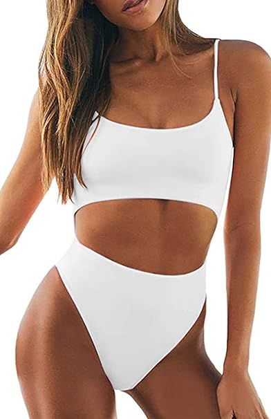 SHESHOW Womens One Piece Swimsuit Scoop Neck Cut Out Lace Up Back High Cut Monokini Swimwear | Amazon (US)