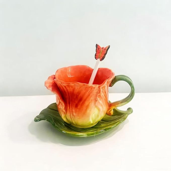 Ceramic Tea Cup and Saucer Set ，6OZ 3D Hand-Painted Flower Coffee Mug，Gift for Women -Orange ... | Amazon (US)