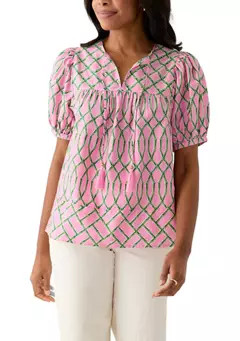 Crown & Ivy™ Women's Puff Sleeve Tassel Neck Printed Top | Belk