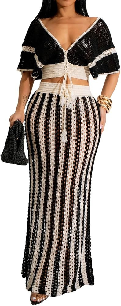 Angsuttc Crochet Maxi Skirt Sets Women 2 Piece Outfits Drawstring Crop Tops and Striped Skirts Ma... | Amazon (US)