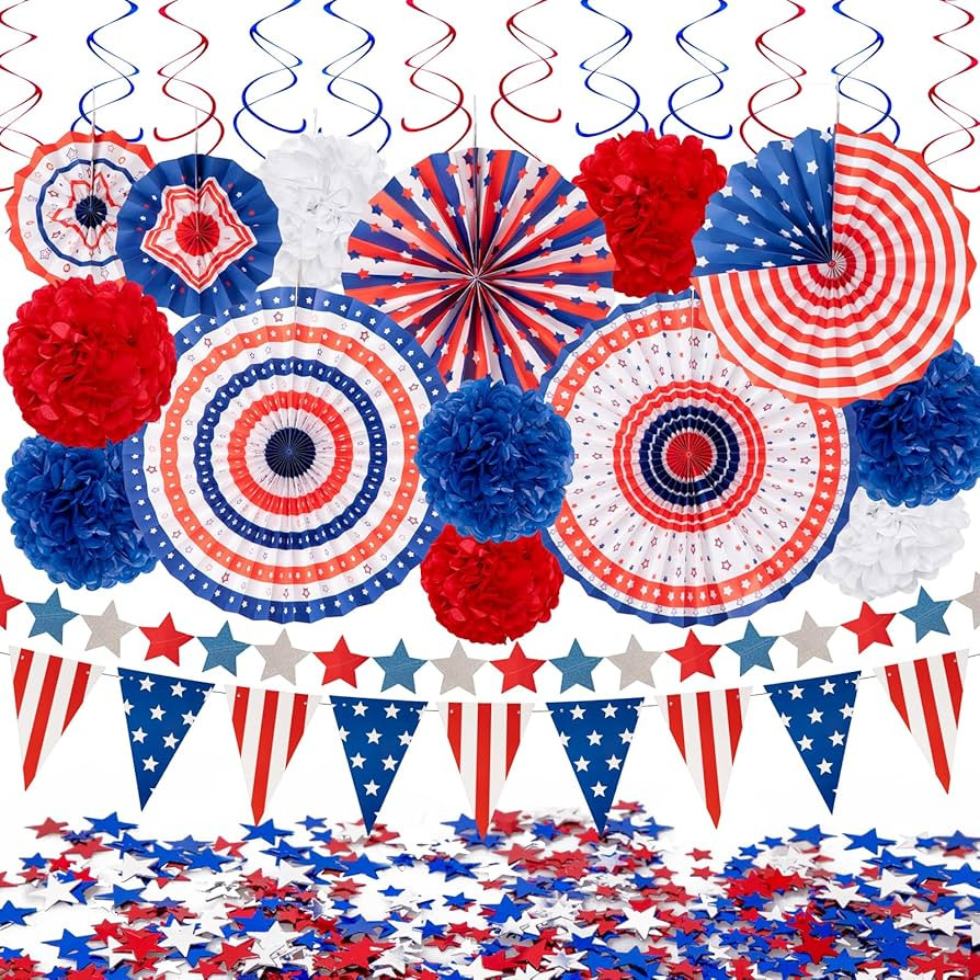 29PCS 4th/Fourth of July Patriotic Decorations Set - 250th Anniversary Red White Blue Paper Fans,... | Amazon (US)