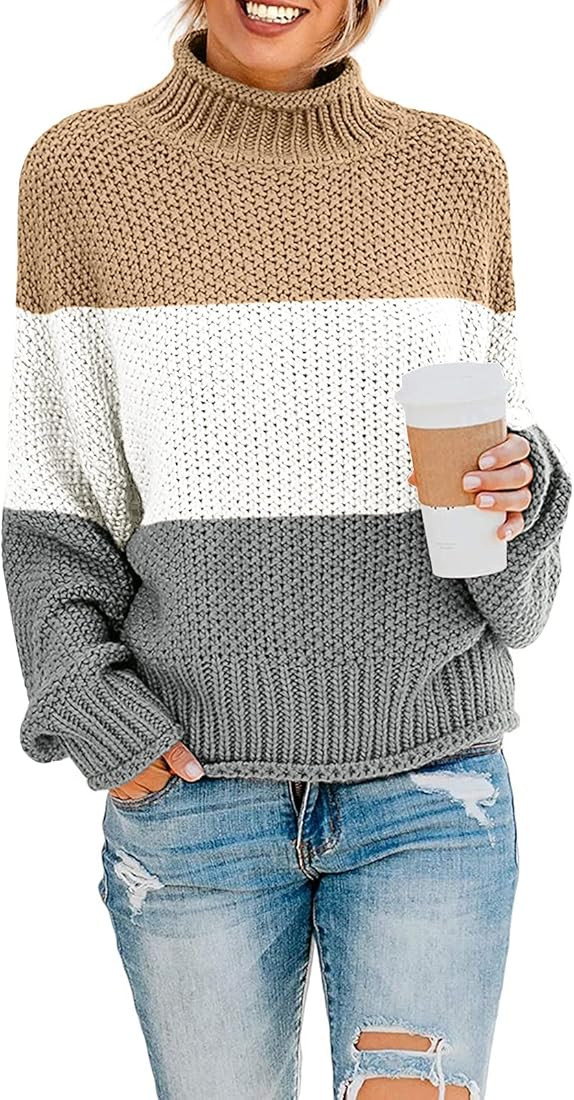 ZESICA Women's Turtleneck Batwing Sleeve Loose Oversized Chunky Knitted Pullover Sweater Jumper Tops | Amazon (US)